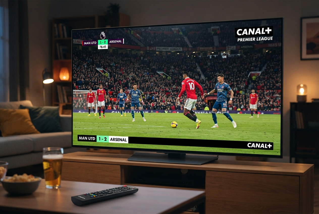 Logo de Canal+ affiché à l'écran lors de la diffusion d'un match de Premier League.