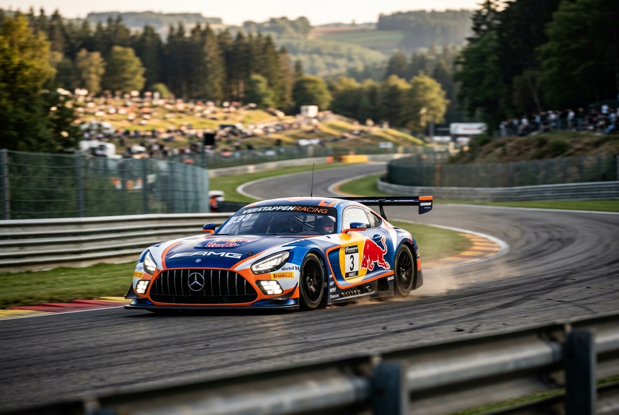 Mercedes-AMG GT3 EVO numéro 3 Verstappen Racing en virage sur un circuit.