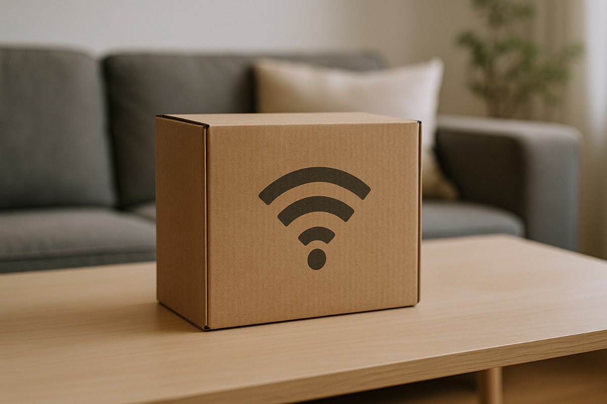 Carton avec logo Wi-Fi sur la table du salon, car nouveaux modems en Wi-Fi 7 pour meilleures connexions avec Pure Fibre de B&YOU, La Boite de Sosh, et la Freebox Pop S