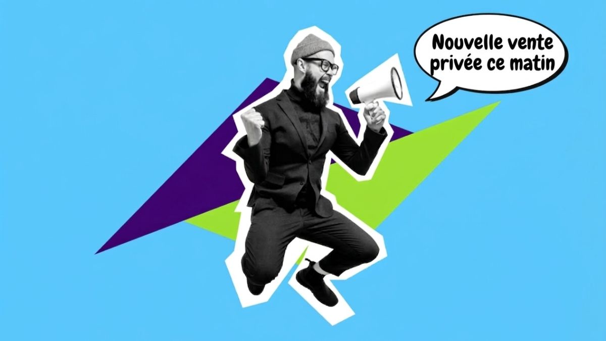 Homme avec mégaphone saute de joie car vente privée Ariase/NRJ Mobile pour 60 Go de 4G à moins de 6€