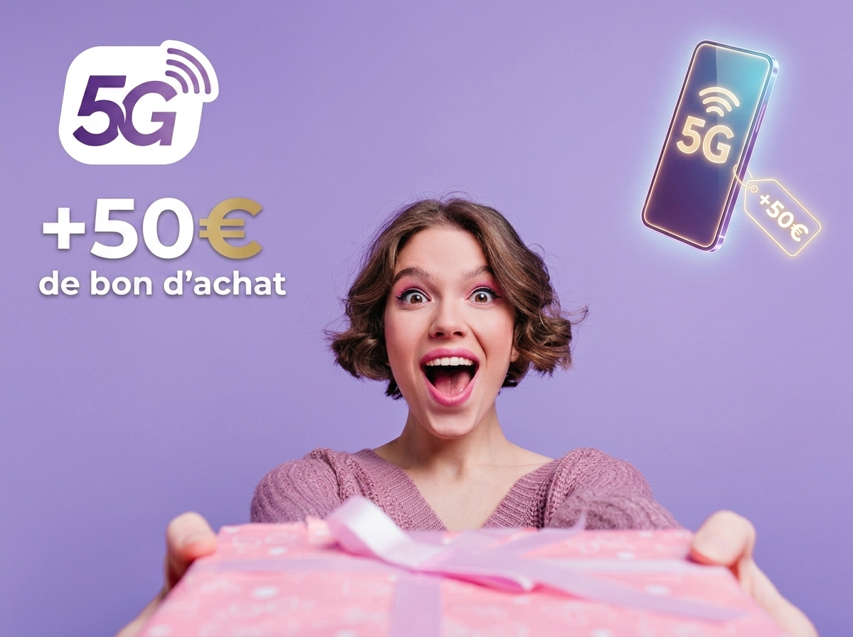 Femme sur fond violet reçoit un cadeau avec logo 5G et "+50€ en bon d'achat", la proposition de Cdiscount Mobile pour les soldes