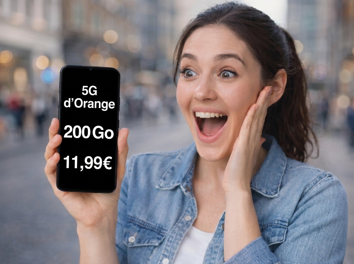 Femme montre son smartphone en souriant, ravie de son forfait 5G de 200Go à moins de 12€ sur réseau Orange grâce à YouPrice