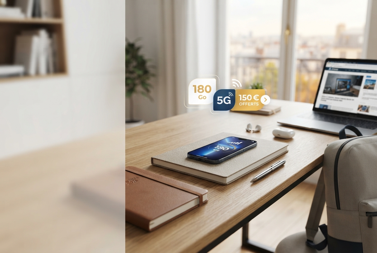 Smartphone affichant la 5G sur un bureau avec ordinateur, carnet et accessoires, symbolisant une offre mobile.