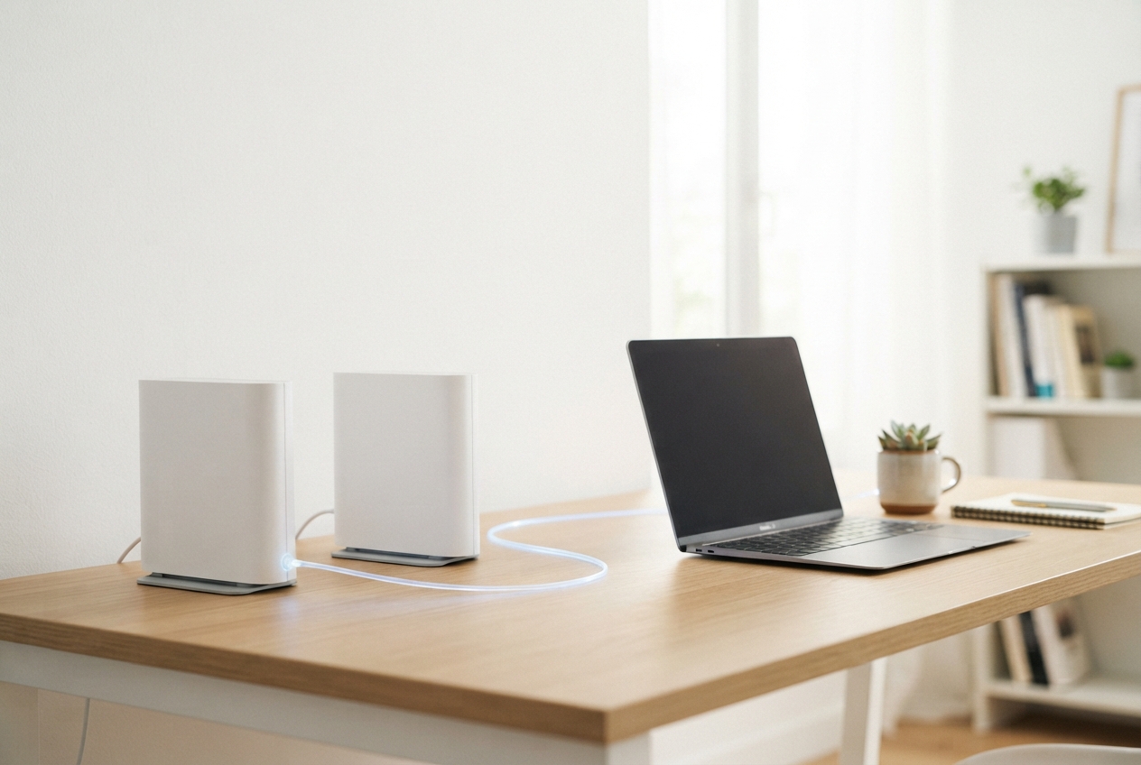 Deux box internet reliées par une fibre optique lumineuse avec des appareils connectés en arrière-plan sur fond clair.