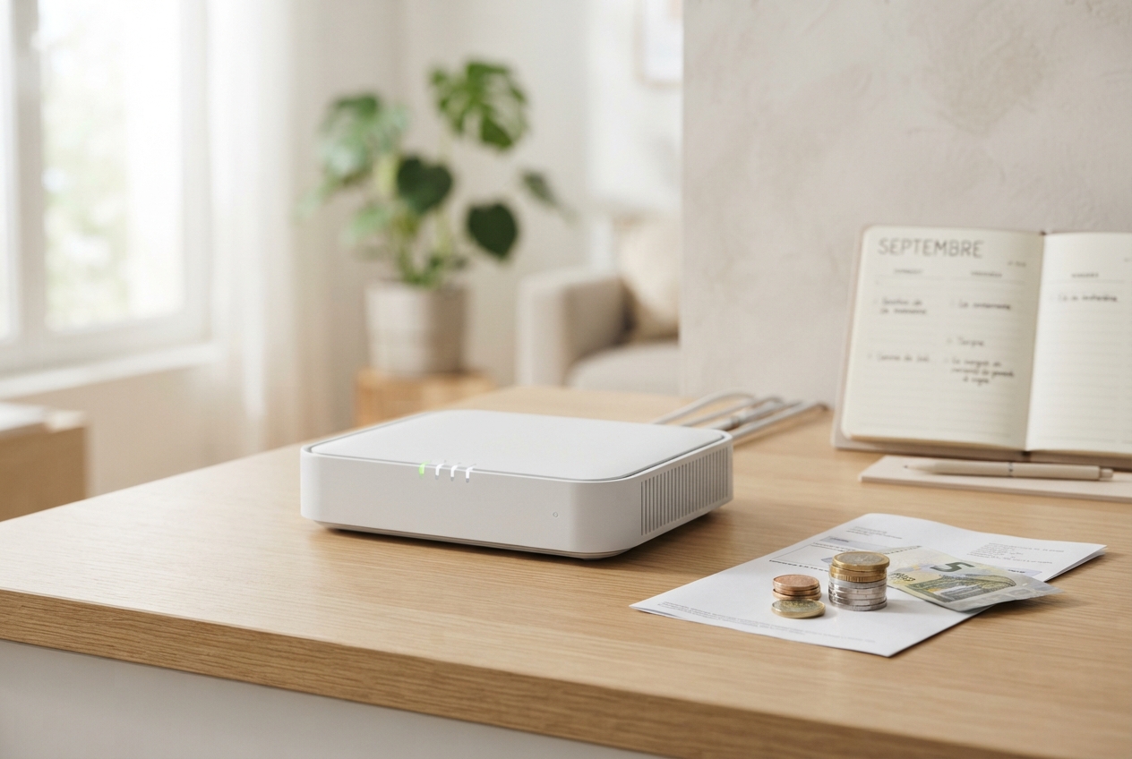 Box internet posée sur une table à côté d'une facture et de pièces de monnaie avec un agenda ouvert en arrière-plan.