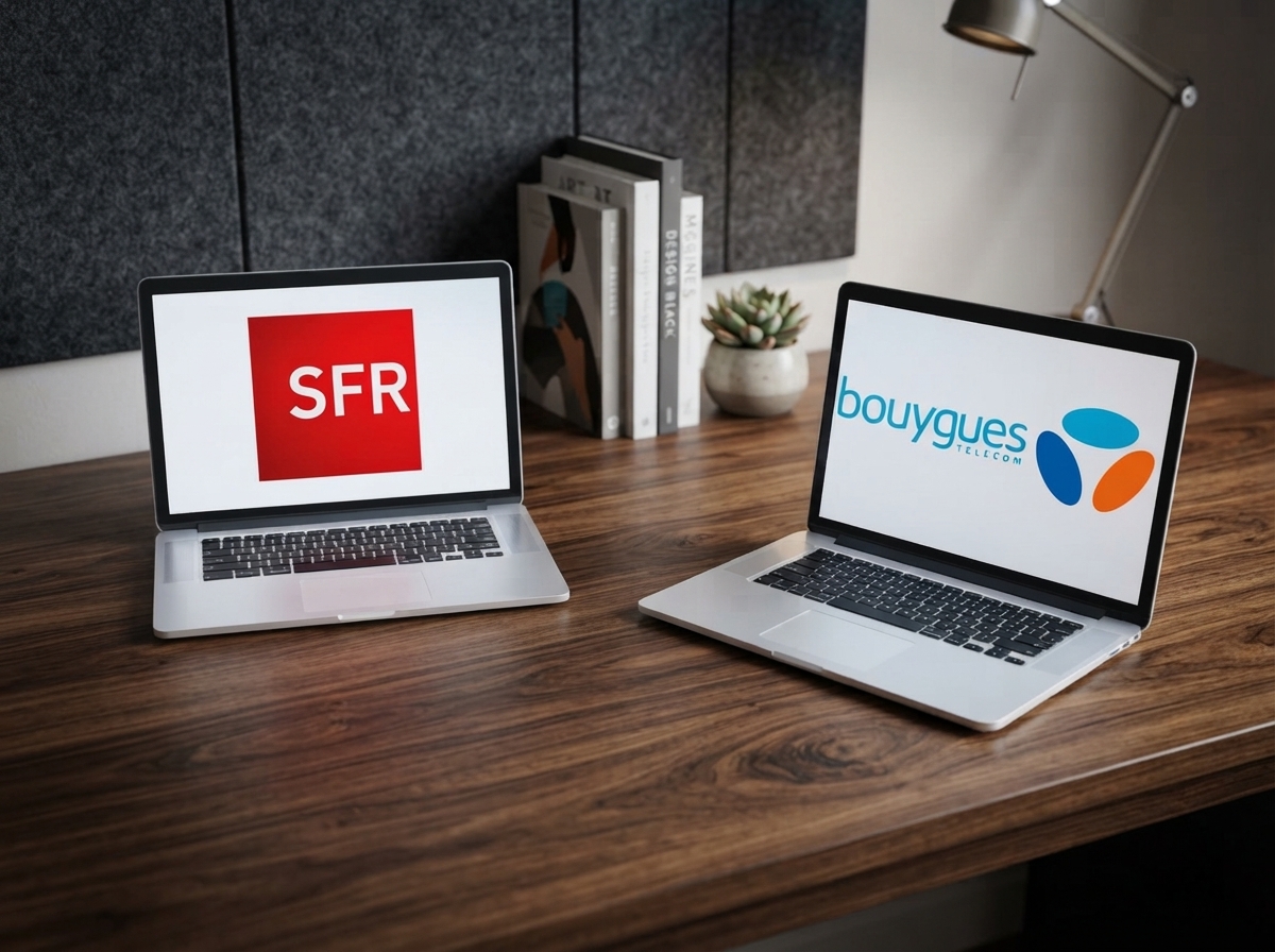 Deux ordinateurs portables posés sur un bureau en bois affichant les logos de SFR et Bouygues Telecom.