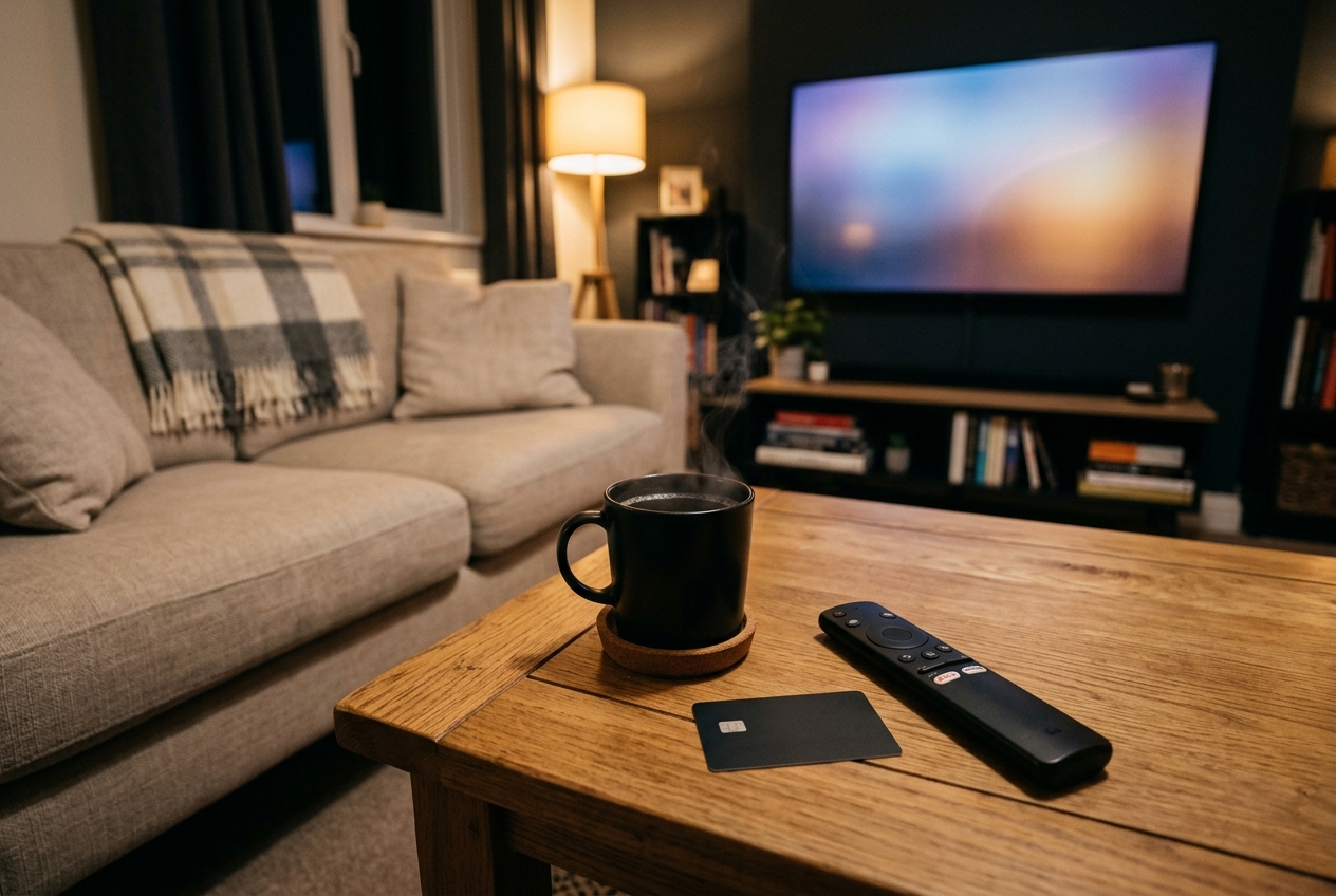 Carte bancaire, télécommande et mug sur une table basse devant un canapé avec une télévision allumée.