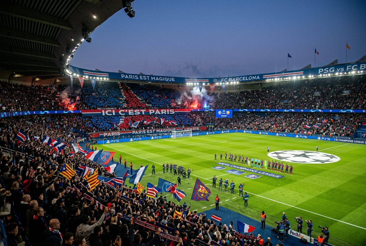 Vue du Parc des Princes rempli de supporters lors d'un match PSG contre Barcelone sous les projecteurs.