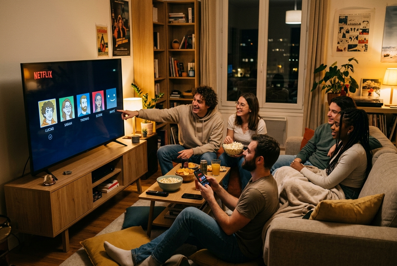 Interface Netflix affichant les options de gestion des profils et du partage de compte.