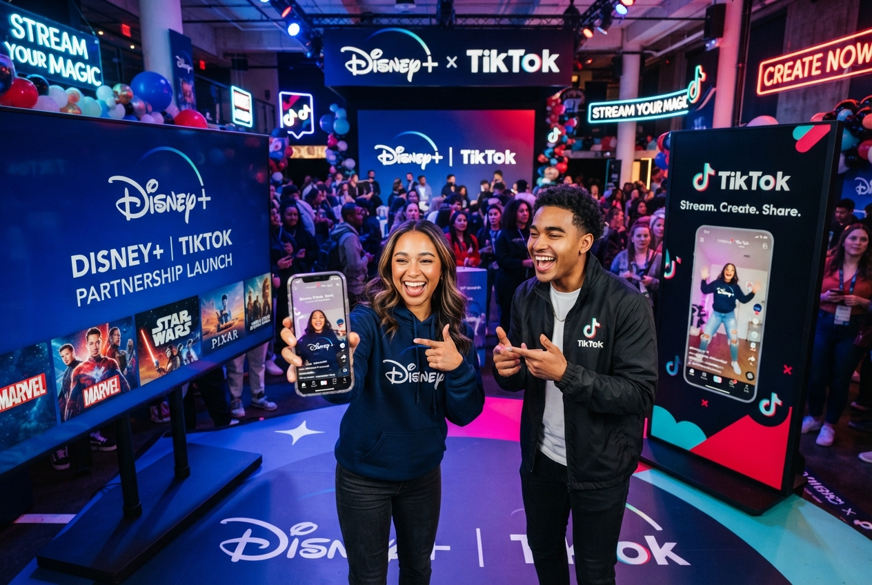 Logo de Disney+ et logo de TikTok côte à côte.