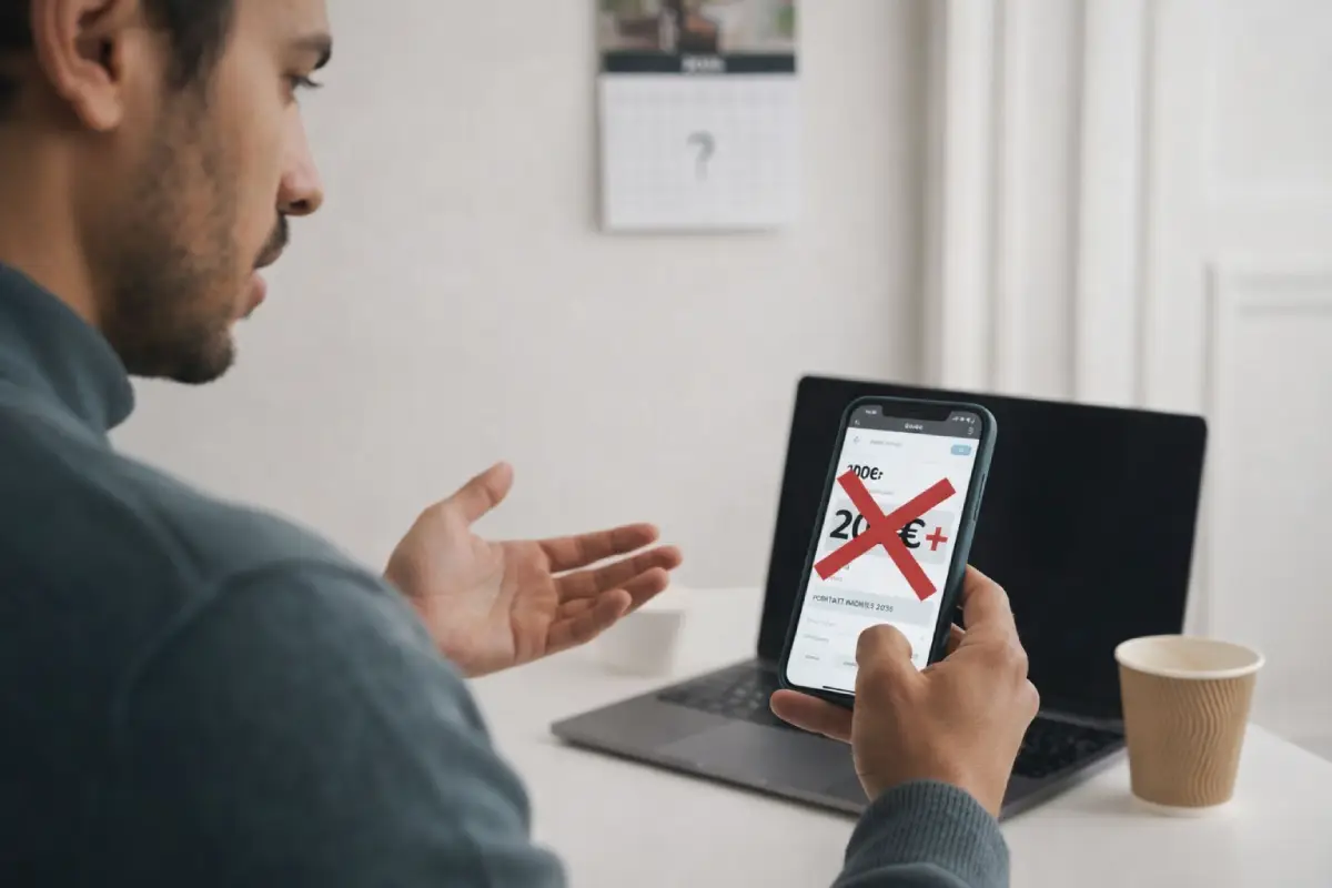 Homme devant PC avec prix d'un forfait mobile à 20€ barrés sur écran, car il existe de nombreuses offres mobile à moins de 10€ en 2026