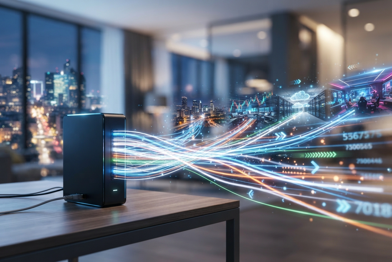 Box internet fibre optique avec faisceaux de données lumineuses et indicateurs de vitesse abstraits.