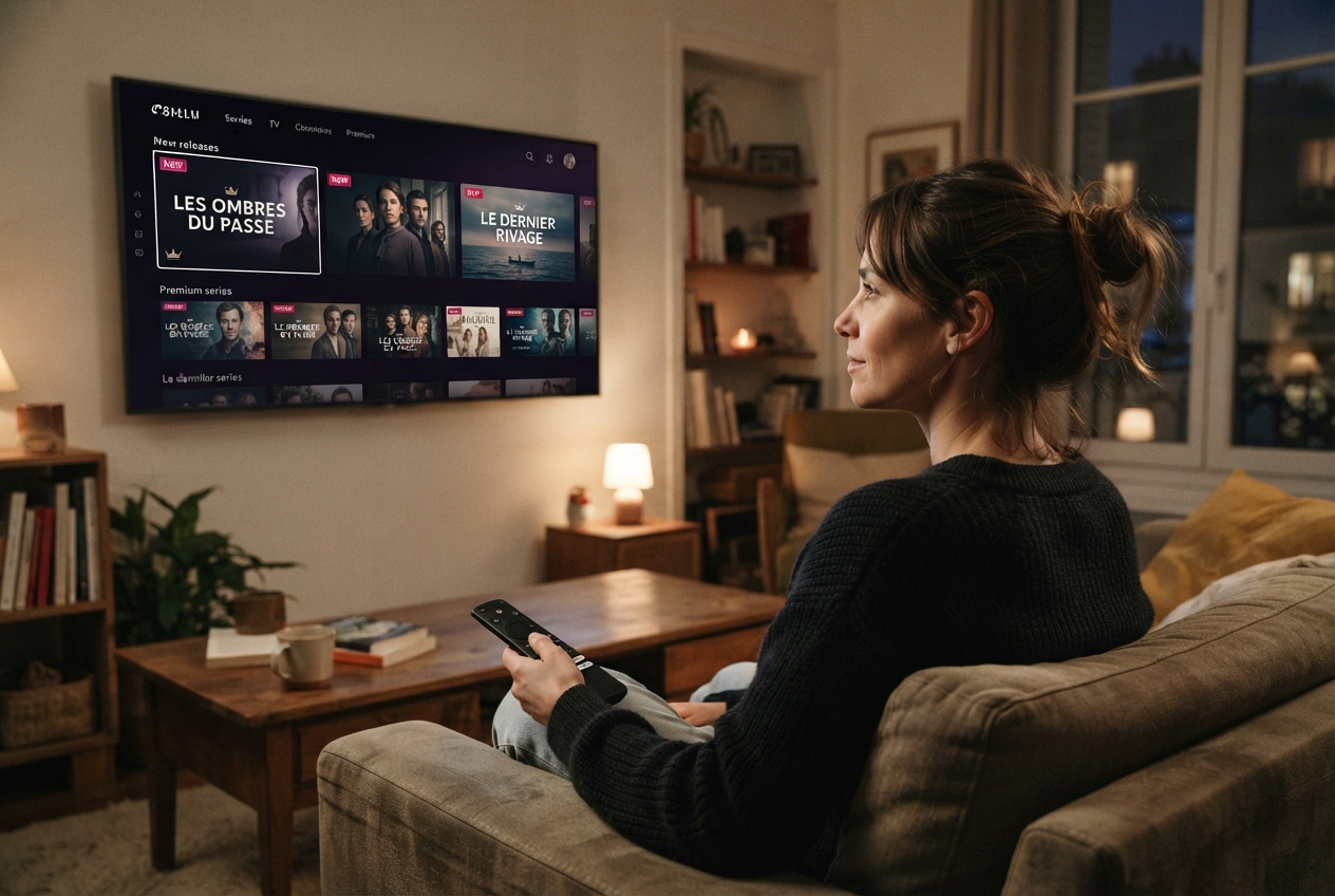 Personne assise sur un canapé tenant une télécommande devant une interface de streaming sur un téléviseur.