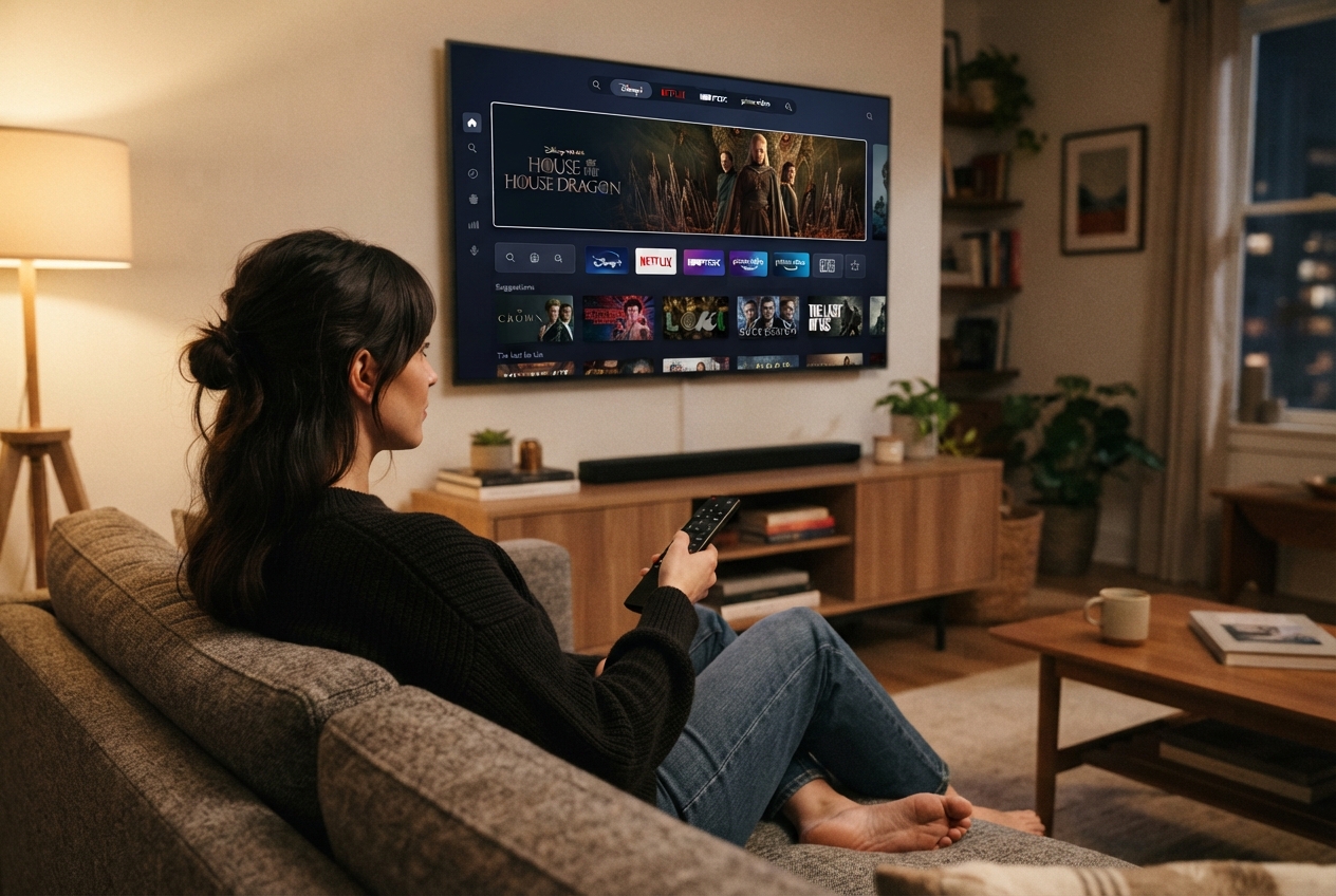 Personne assise sur un canapé regardant une interface de plateforme de streaming sur un téléviseur dans un salon.