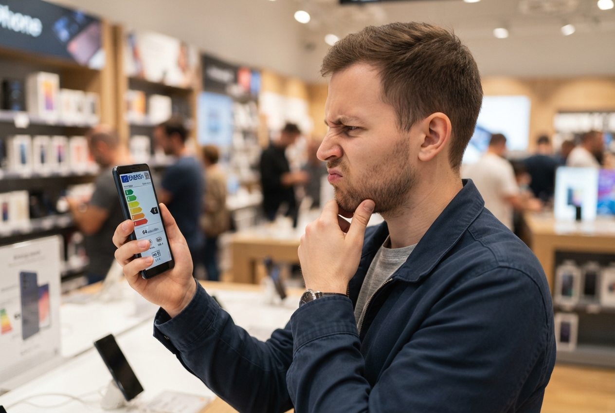 Une personne regarde l'étiquette énergie d'un smartphone avec une expression dubitative, vue de profil.