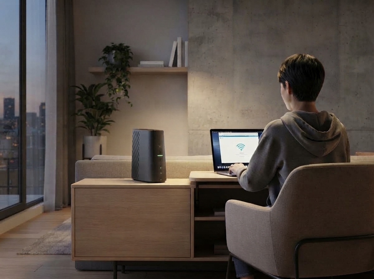 Personne de dos utilisant un ordinateur portable à côté d'un modem posé sur un meuble dans un salon.