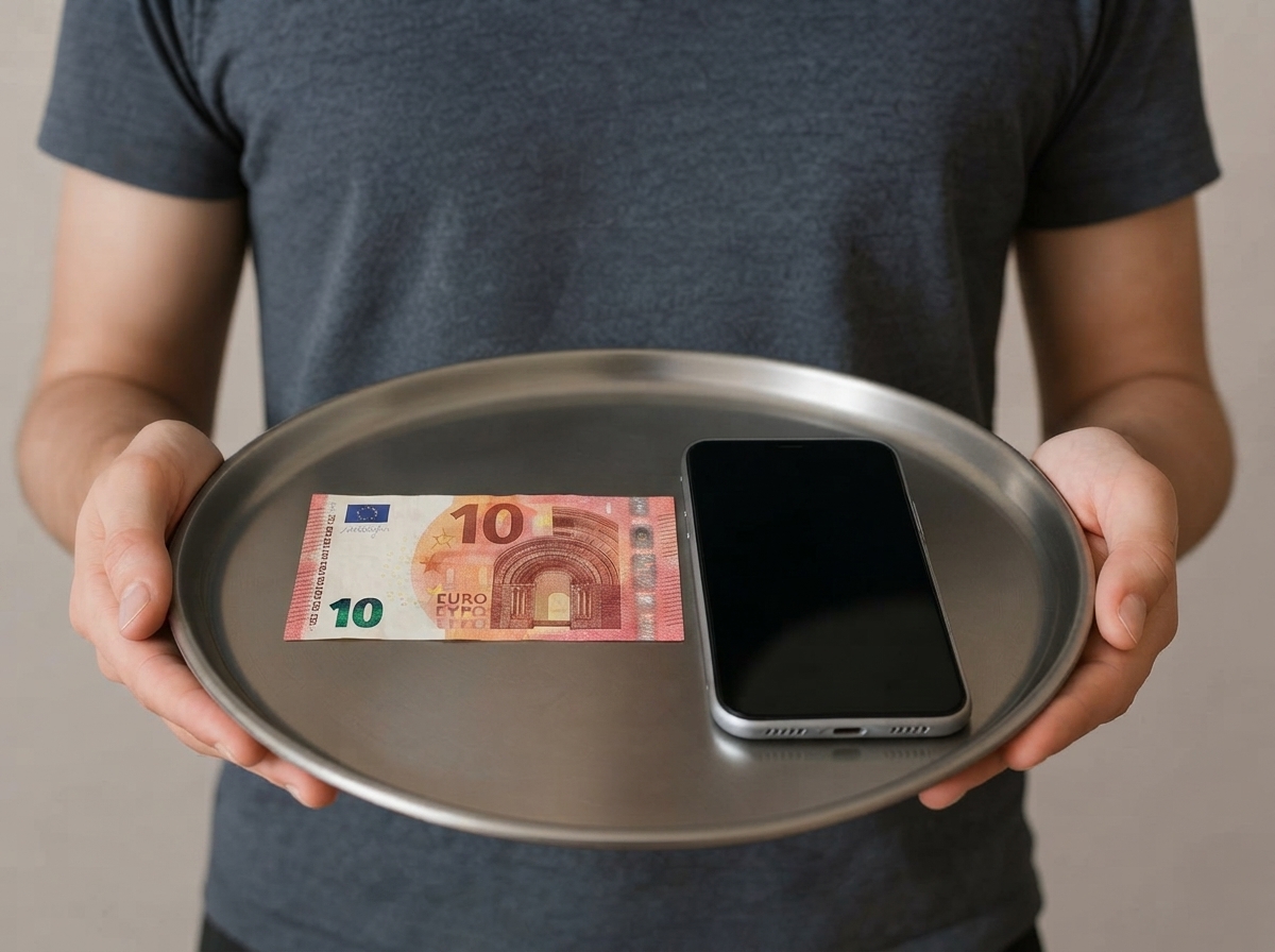 Homme présente plateau avec billet de 10€ et smartphone, car pas besoin de payer plus cher pour un bon forfait mobile, sauf exception