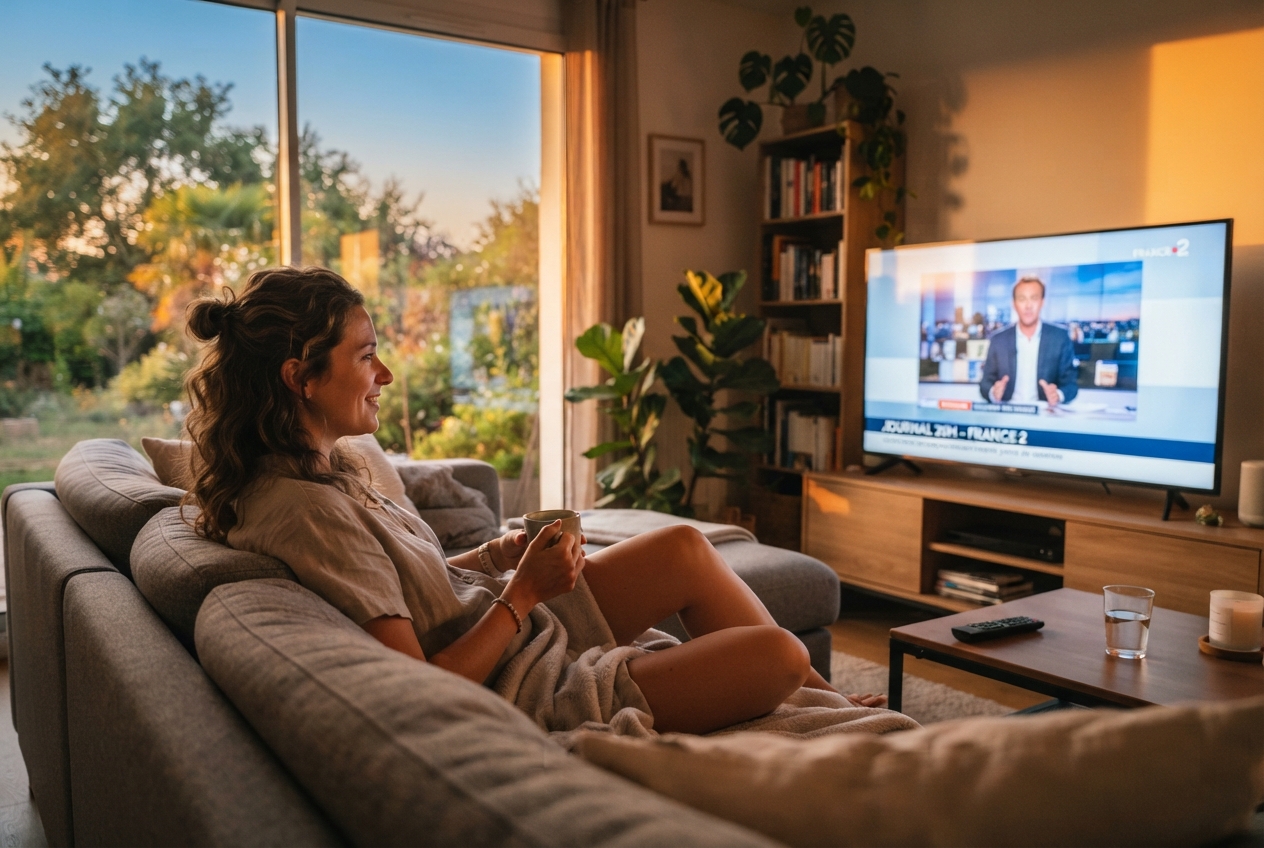 Une personne assise sur un canapé regarde la télévision en fin de journée d'été.