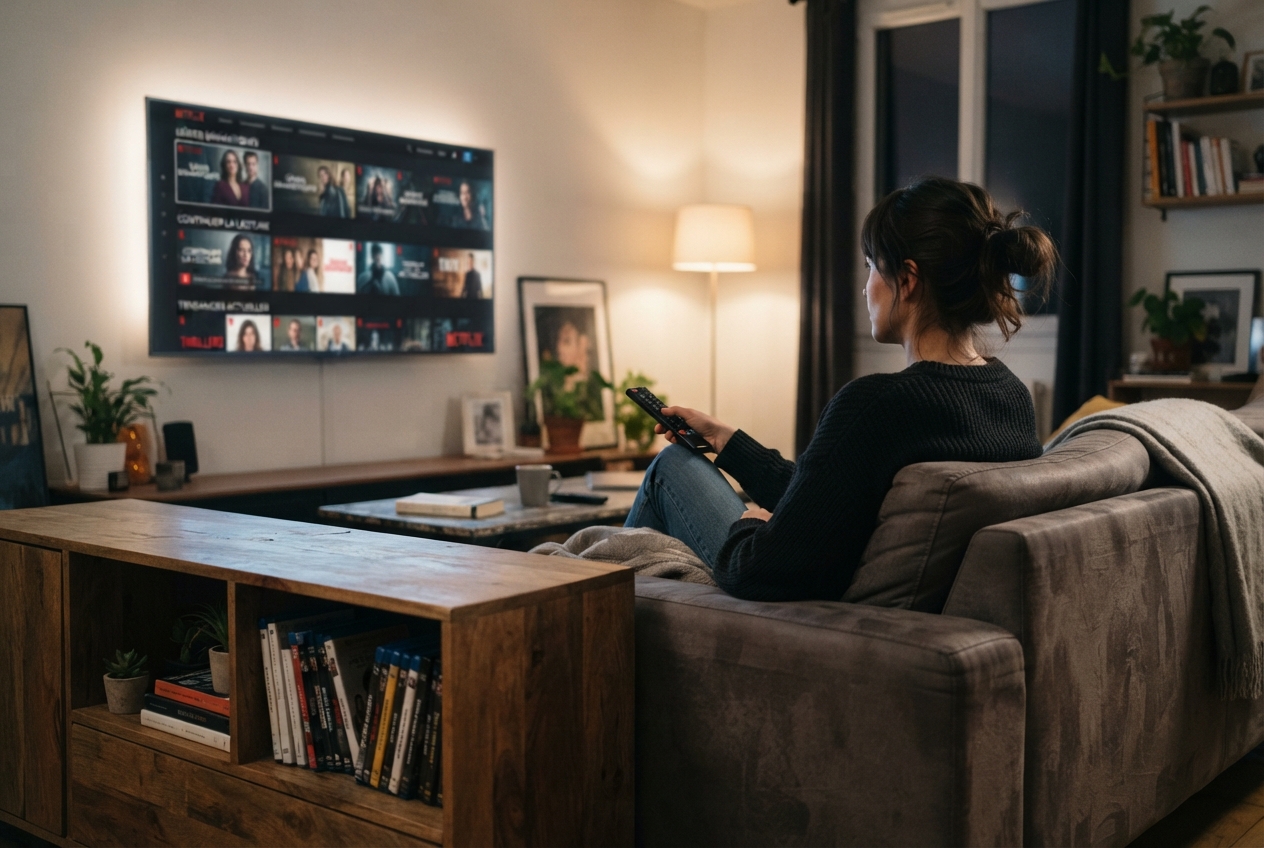 Personne de dos regardant une interface de streaming sur une télévision dans un salon avec des boîtiers DVD.