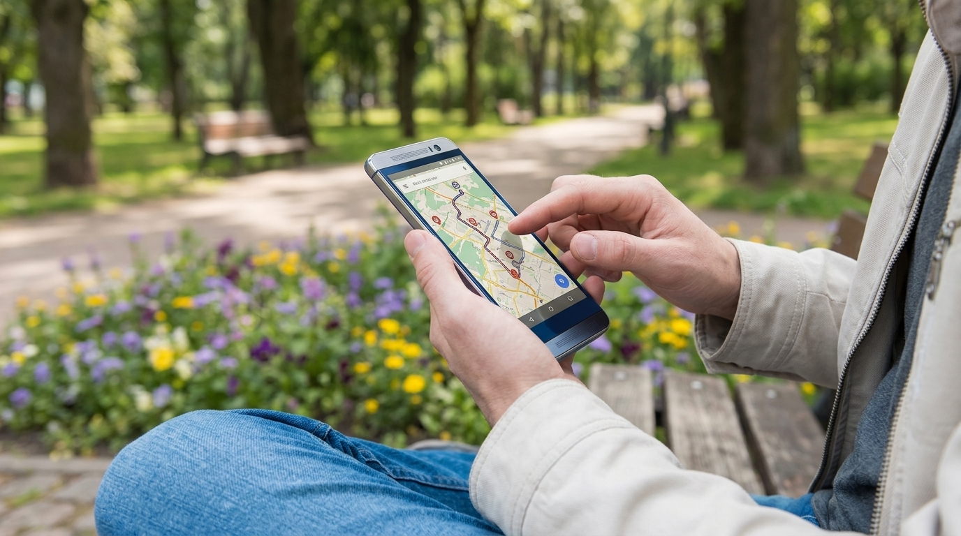 Personne utilisant une application de cartographie sur un smartphone dans un parc.