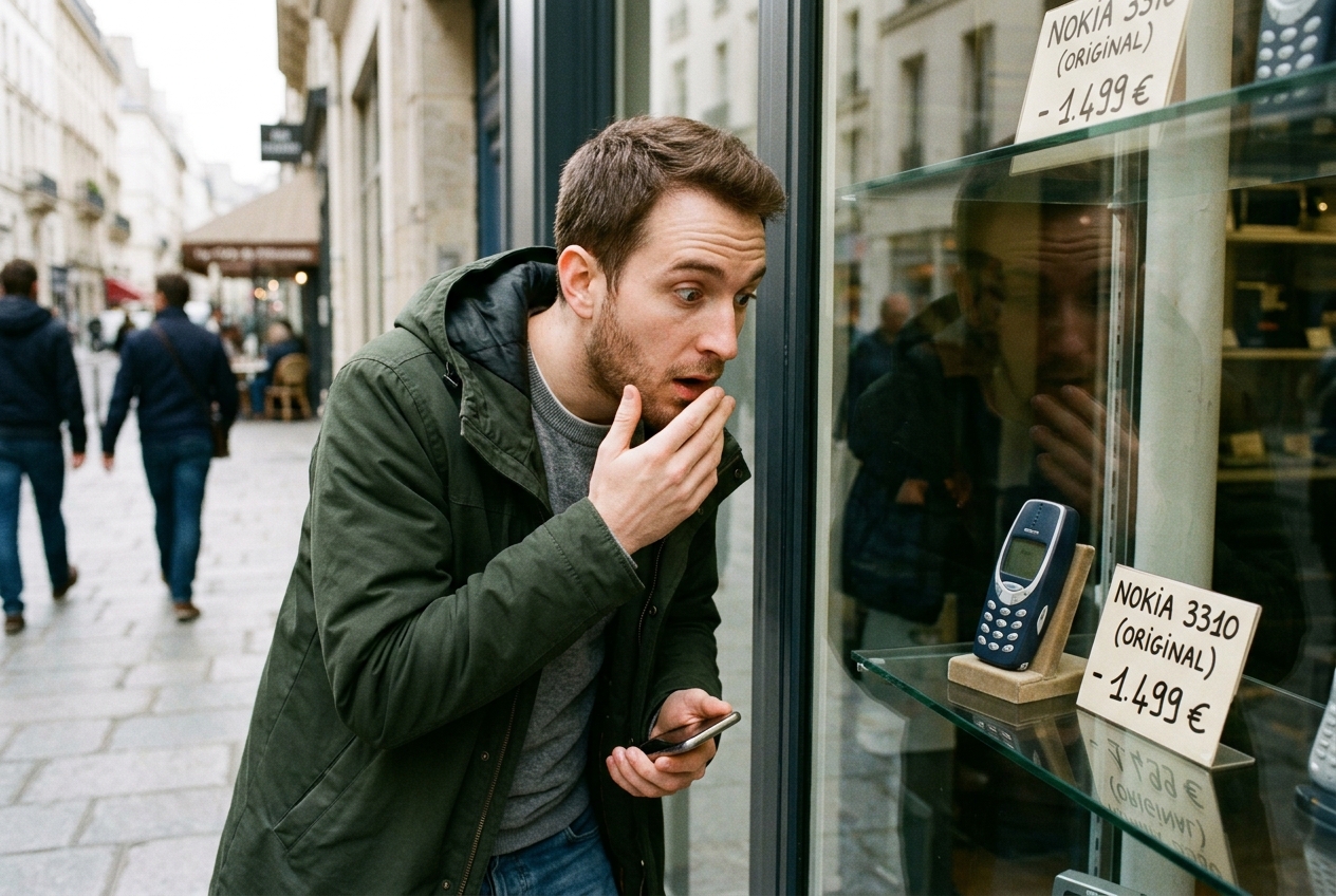Une personne regarde un vieux téléphone à clapet affiché à un prix élevé dans une vitrine avec un air surpris.