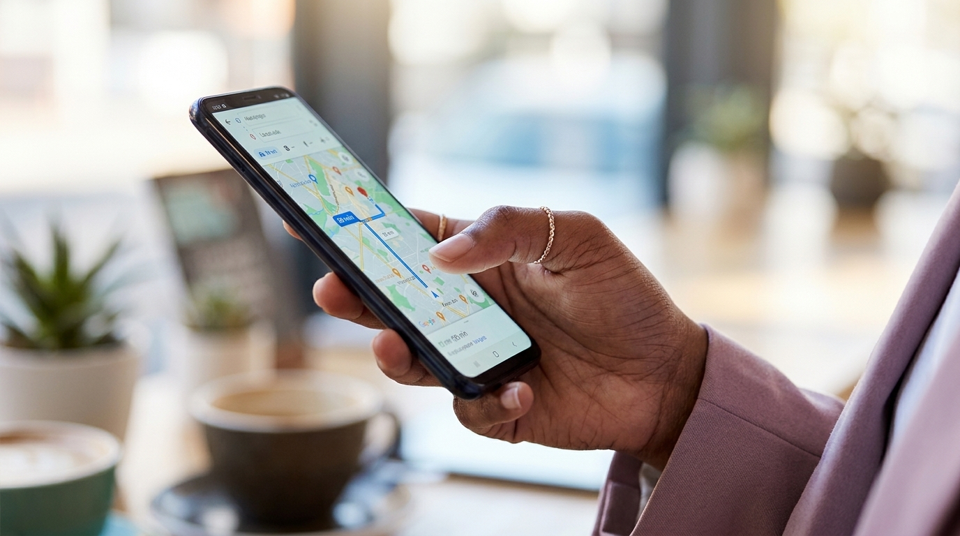 Main tenant un smartphone affichant une application de cartographie avec un itinéraire.