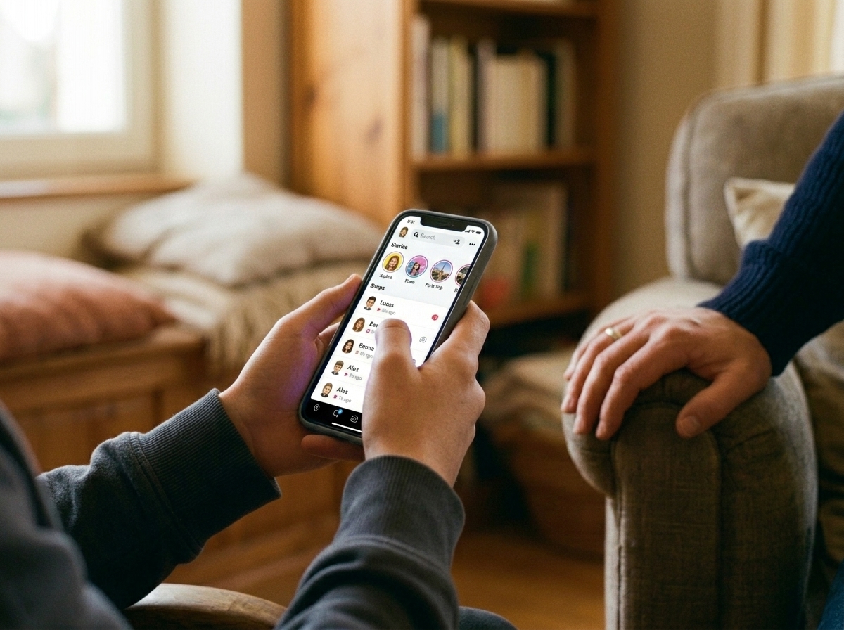 Un adolescent tenant un smartphone affichant l'interface de l'application Snapchat.