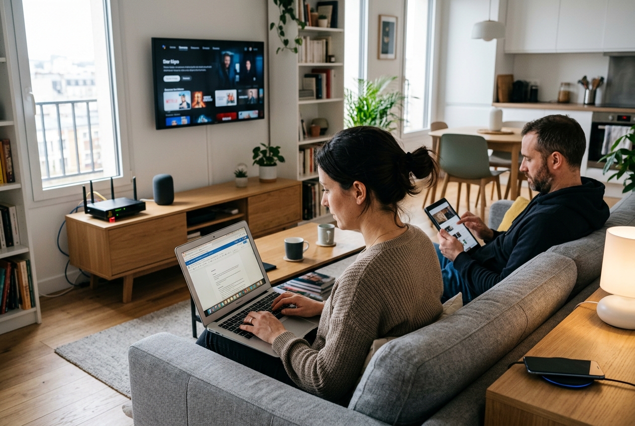 Deux personnes utilisent des appareils numériques dans un salon moderne avec une box internet visible.