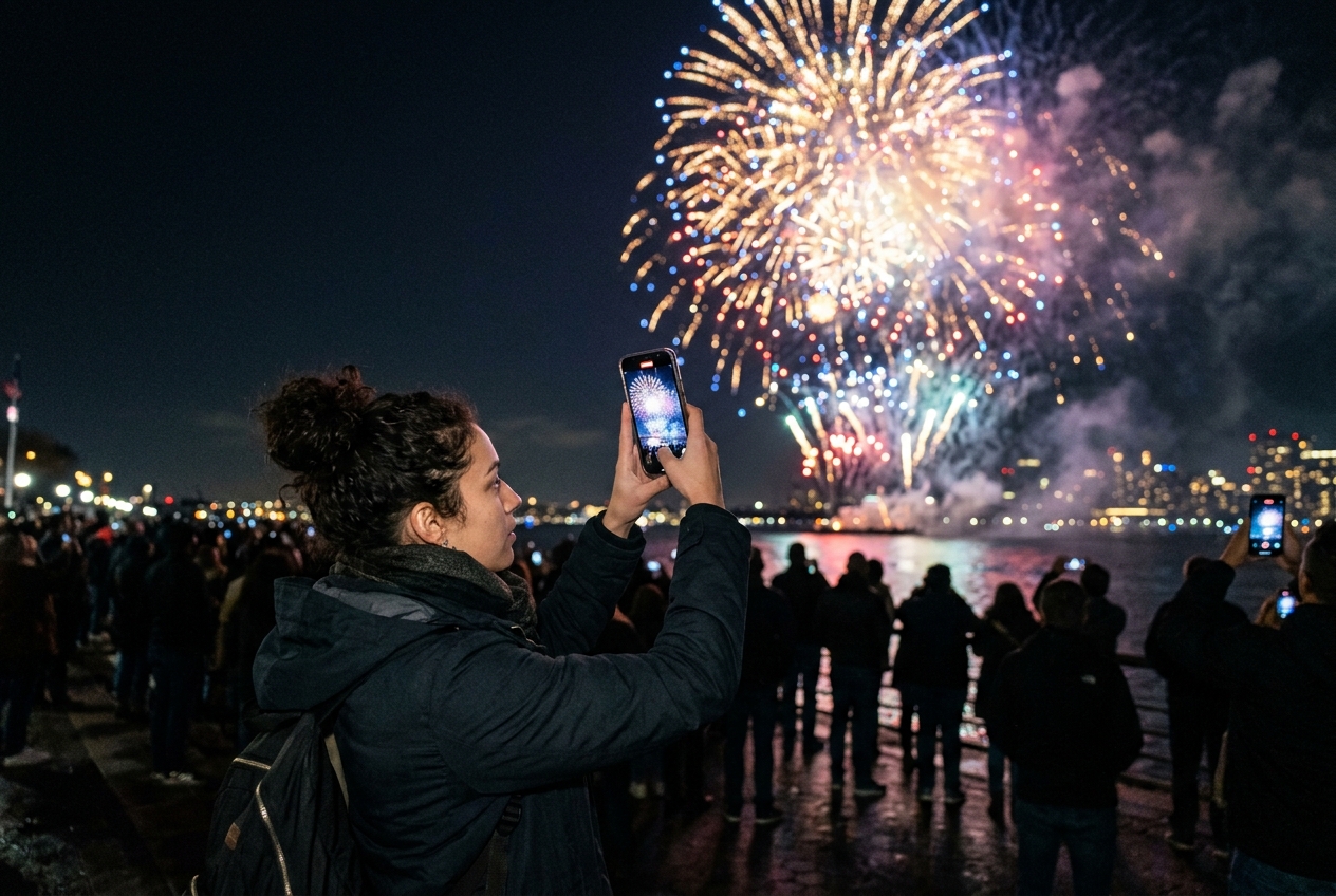 Une personne utilise un smartphone pour photographier un feu d'artifice dans le ciel nocturne.