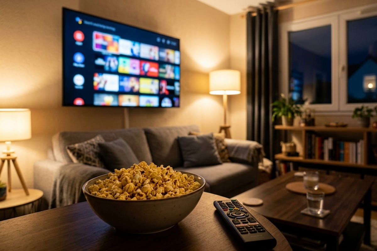 Salon en soirée, télévision affichant une grille floutée de vignettes colorées abstraites, bol de pop-corn et télécommande au premier plan