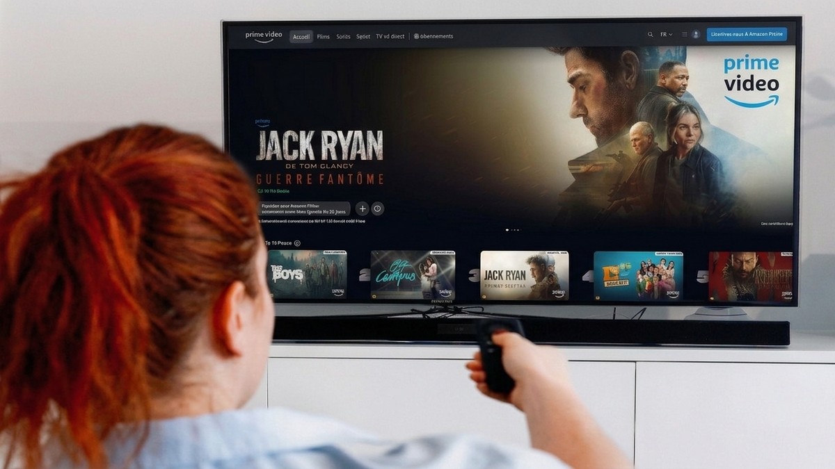 Une femme cherche un film ou une série à voir sur l'interface Prime Vidéo de sa TV connectée