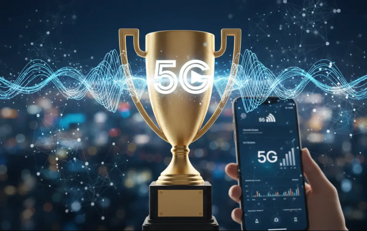Coupe en or avec logo 5G et smartphone 5G, car Bouygues Telecom propose la meilleure expérience mobile de l'année, avec 12 victoires sur 17 à l'OPENSignal France