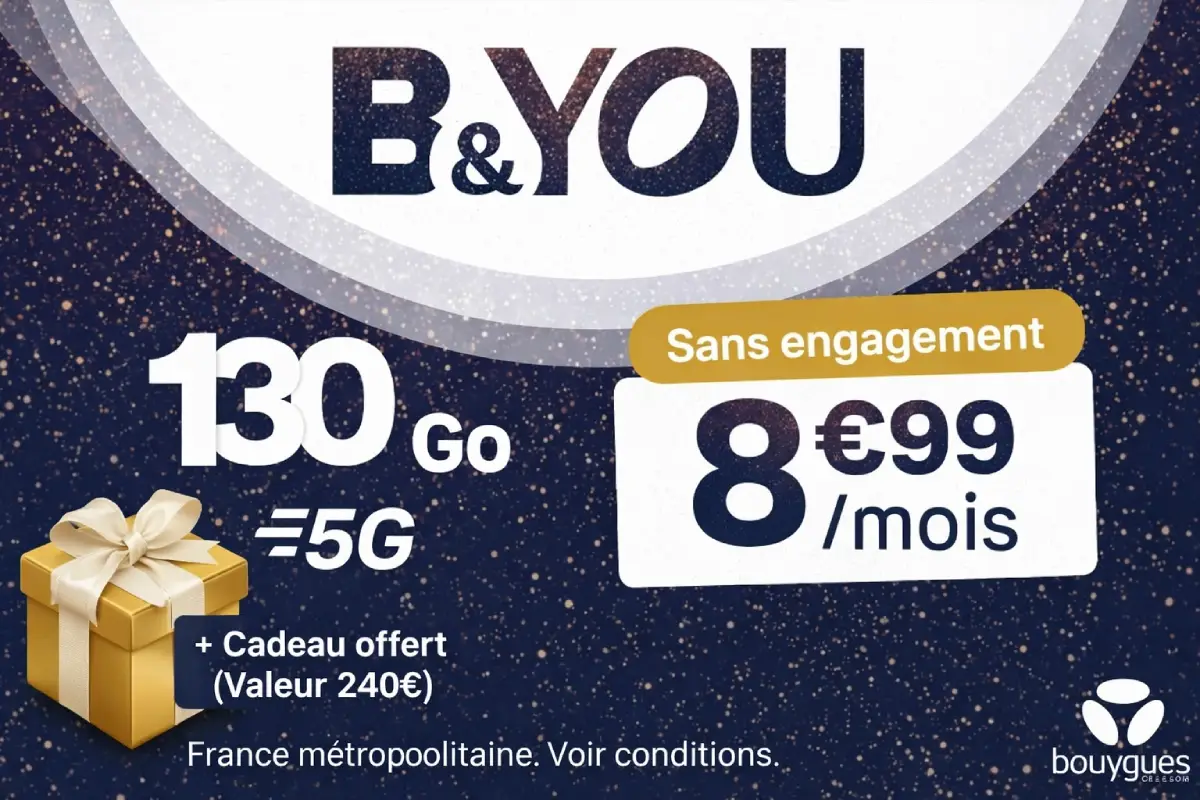 Affiche promo du forfait de Noël B&YOU 130 Go en 5G avec cadeau de 240€ Perplexity Pro