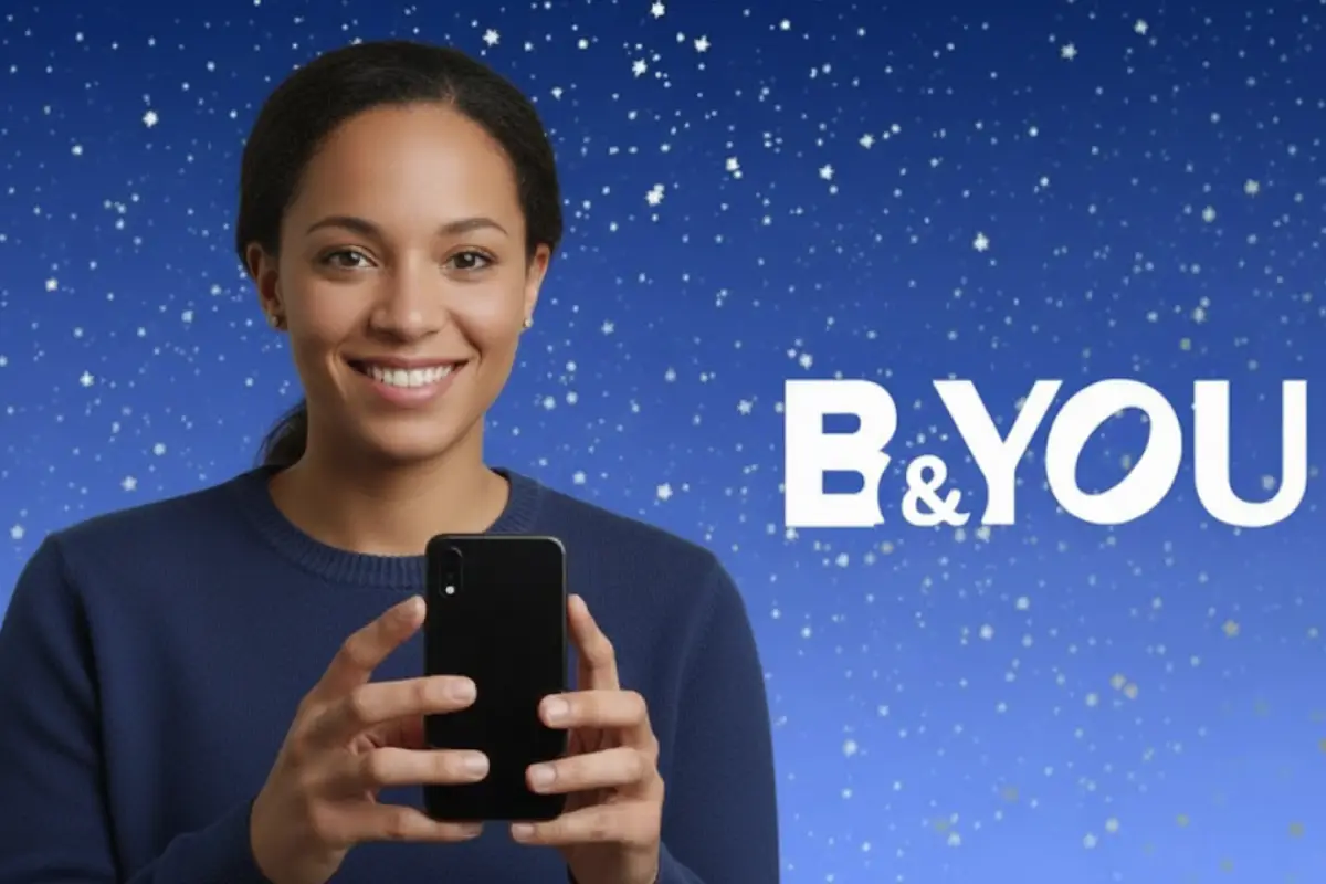 Femme sur fond bleu et neige et logo B&You car nouveau forfait mobile pour les Fêtes : 130 Go en 5G à 9€ avec Perplexit Pro