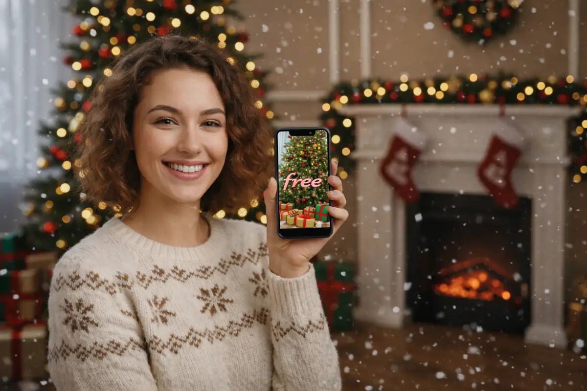 Femme en pull de Noël près du sapin montre son smartphone avec logo de Free en souriant, ravie des 140 Go en 5G du série Free à moins de 9€ mensuels