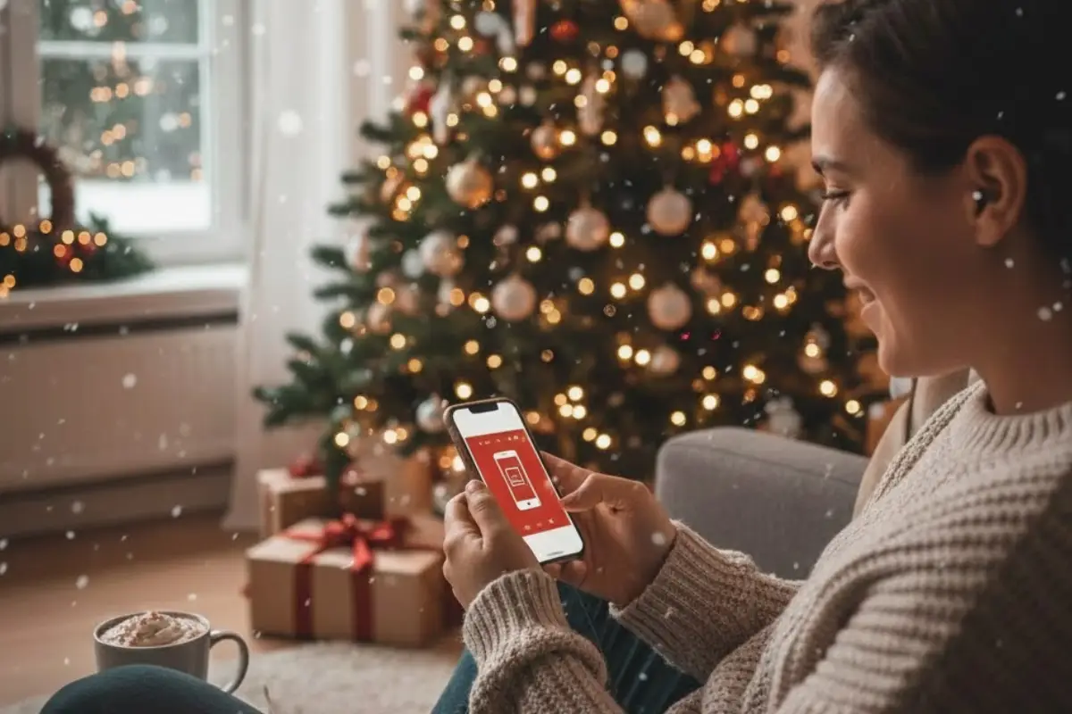 Femme avec smartphone devant sapin sourit, ravie des forfaits mobile en promo pour Noël
