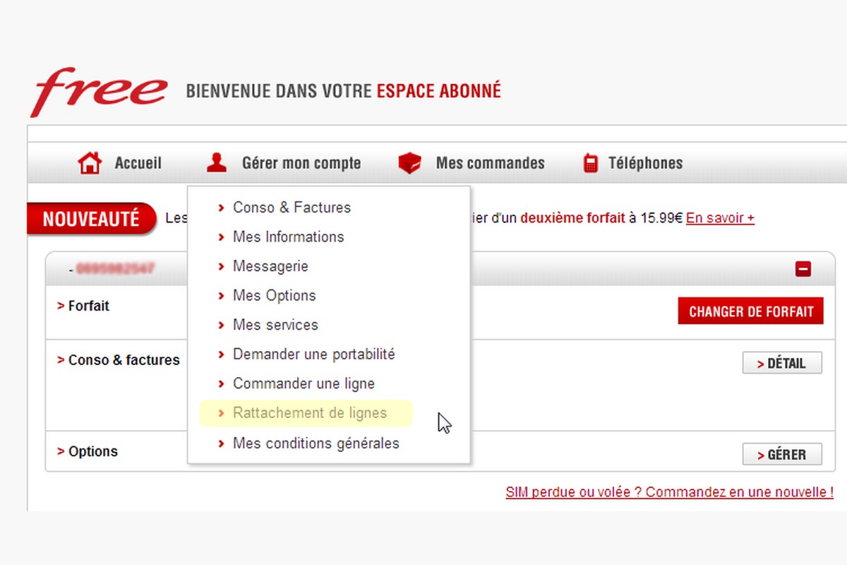 Capture d'écran de l'espace client montrant comment rattacher sa ligne Free Mobile à son abonnement Freebox