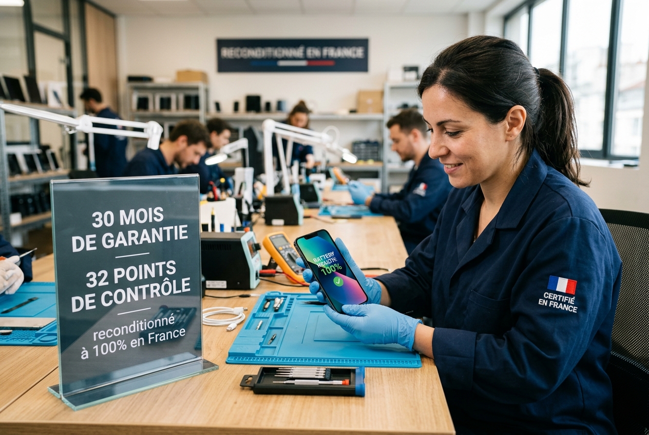 Technicien inspectant un iPhone sur un établi avec une plaque indiquant la garantie et les contrôles techniques.