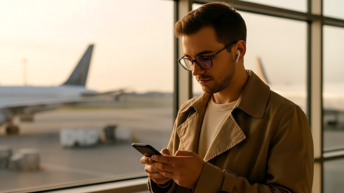 Homme à l'aéroport désactive la messagerie vocale de son smartphone avant de partir en voyage afin d'éviter des frais