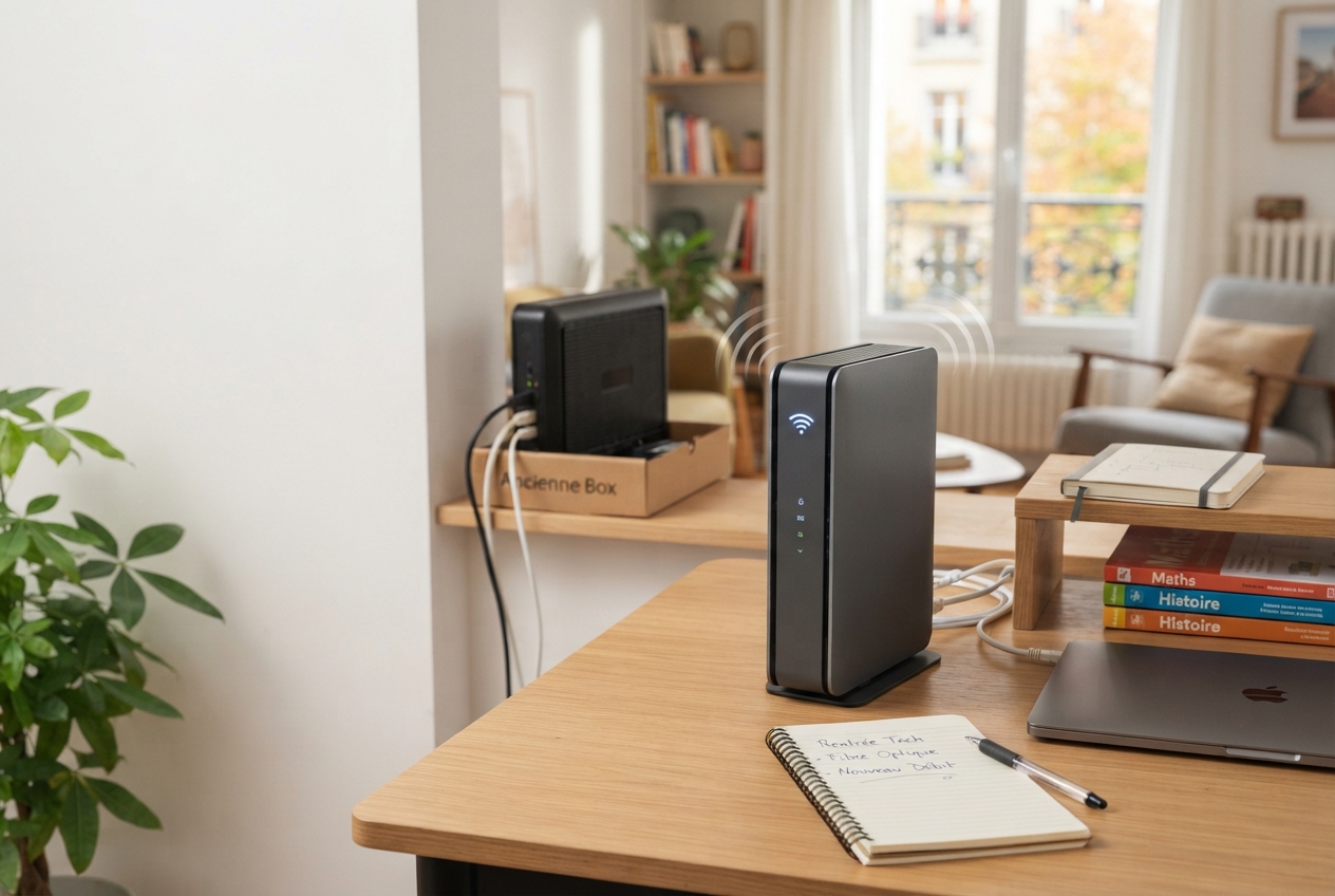 Une box internet moderne et une ancienne sur un bureau avec un ordinateur et des fournitures scolaires.