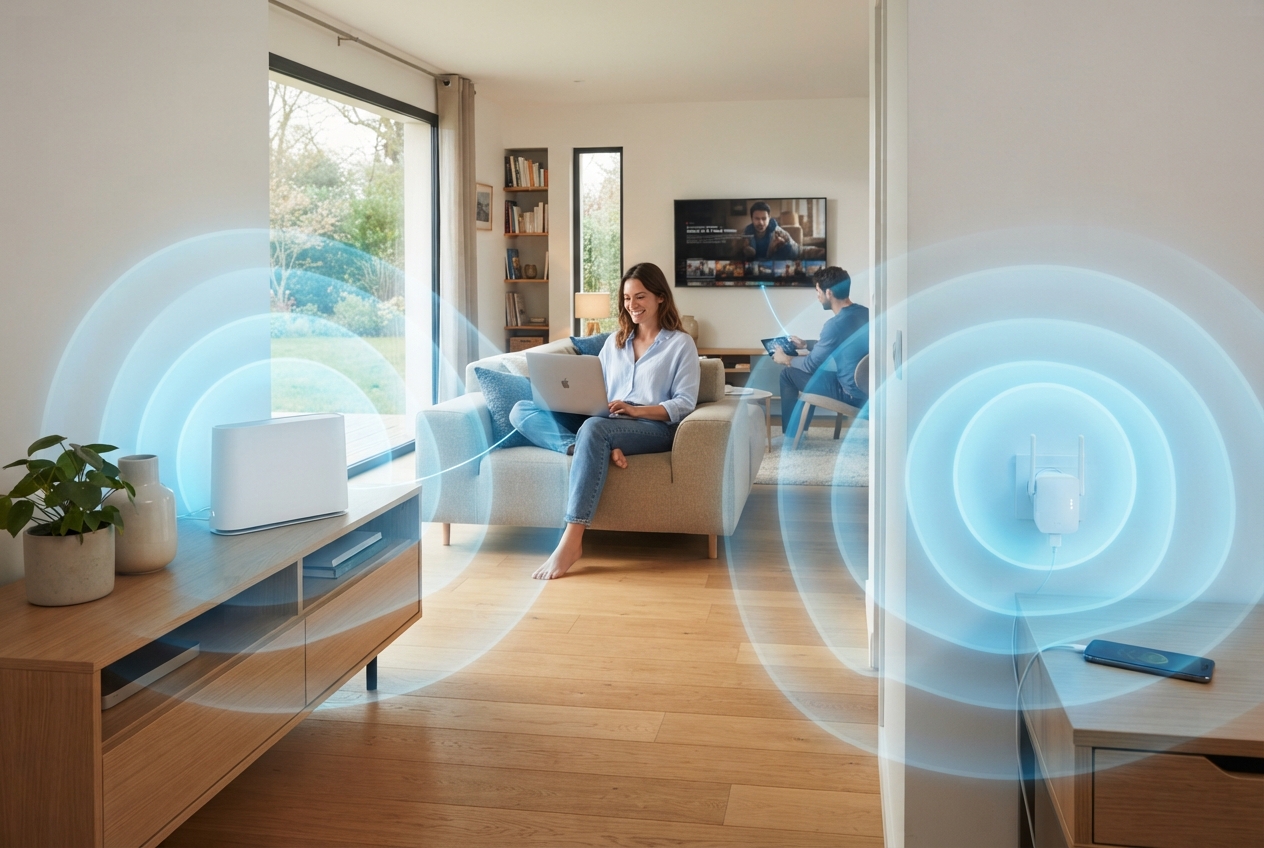 Box internet et répéteur Wi-Fi dans un salon, illustrant la propagation du signal vers des appareils connectés.