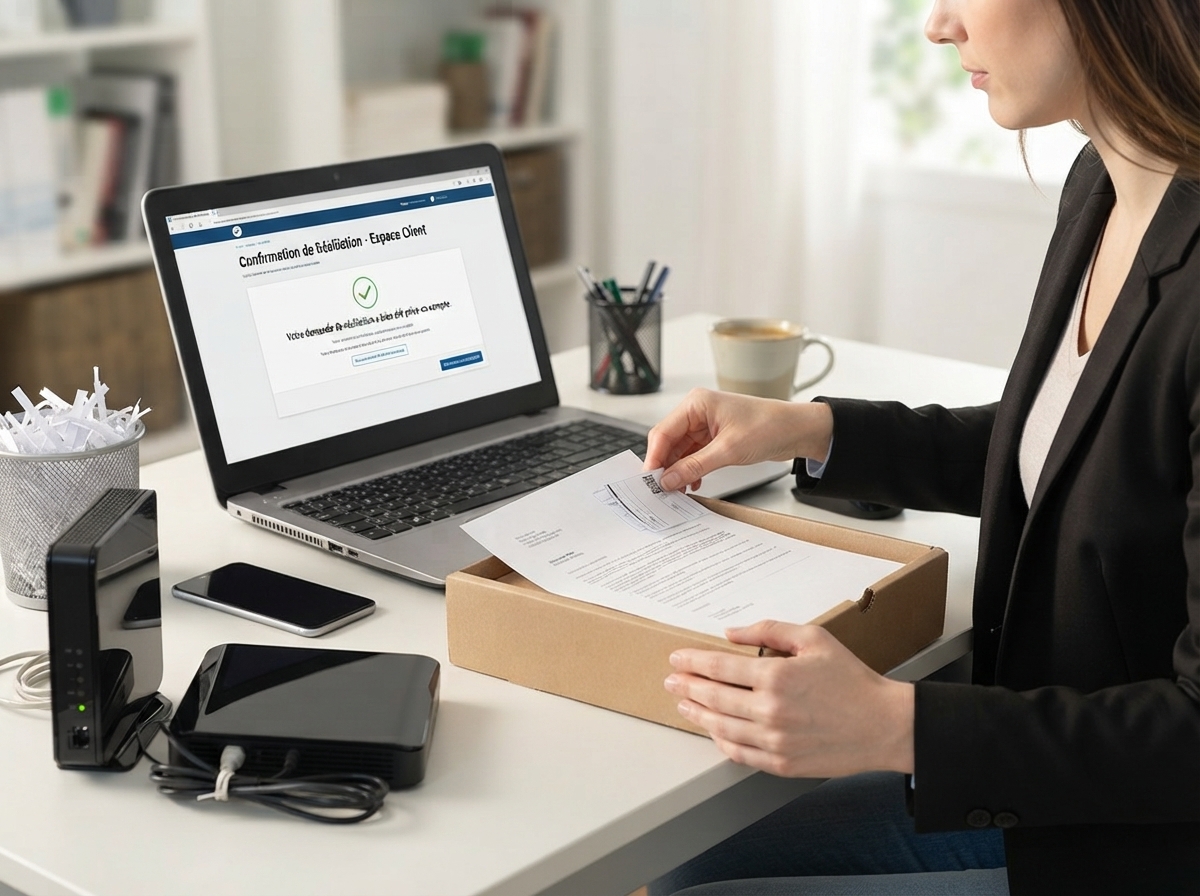 Femme préparant le retour de sa box internet après avoir confirmé la résiliation de son contrat sur un ordinateur.