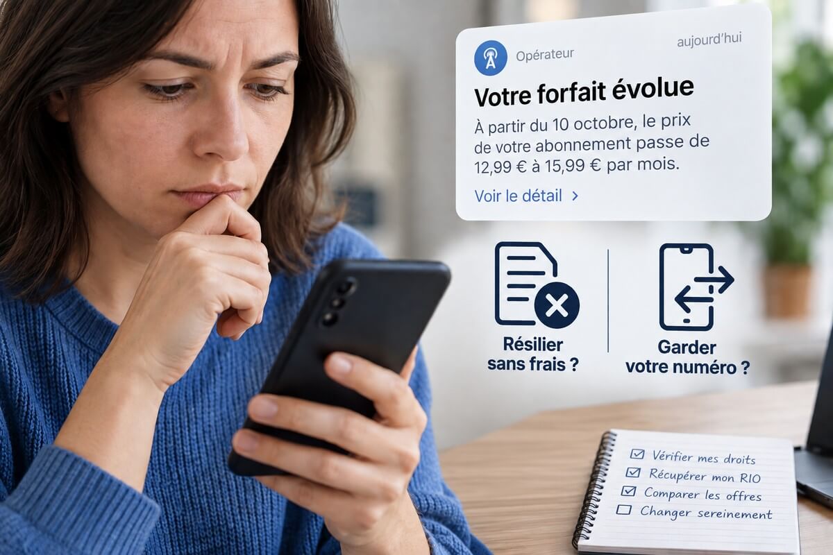 Une femme reçoit un SMS de son opérateur la prévenant que son forfait va évoluer.