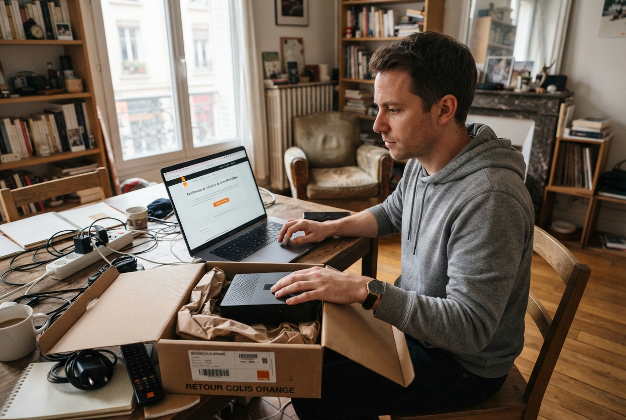 Un homme emballe sa box internet Orange dans un carton après avoir résilié son abonnement sur son ordinateur.
