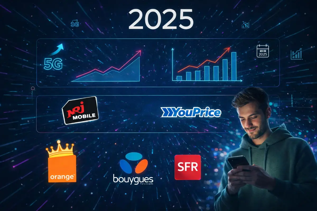 Homme avec smartphone sur fond noir avec graphiques et logos des différents opérateurs historiques, pour rétrospective du marché mobile 2025