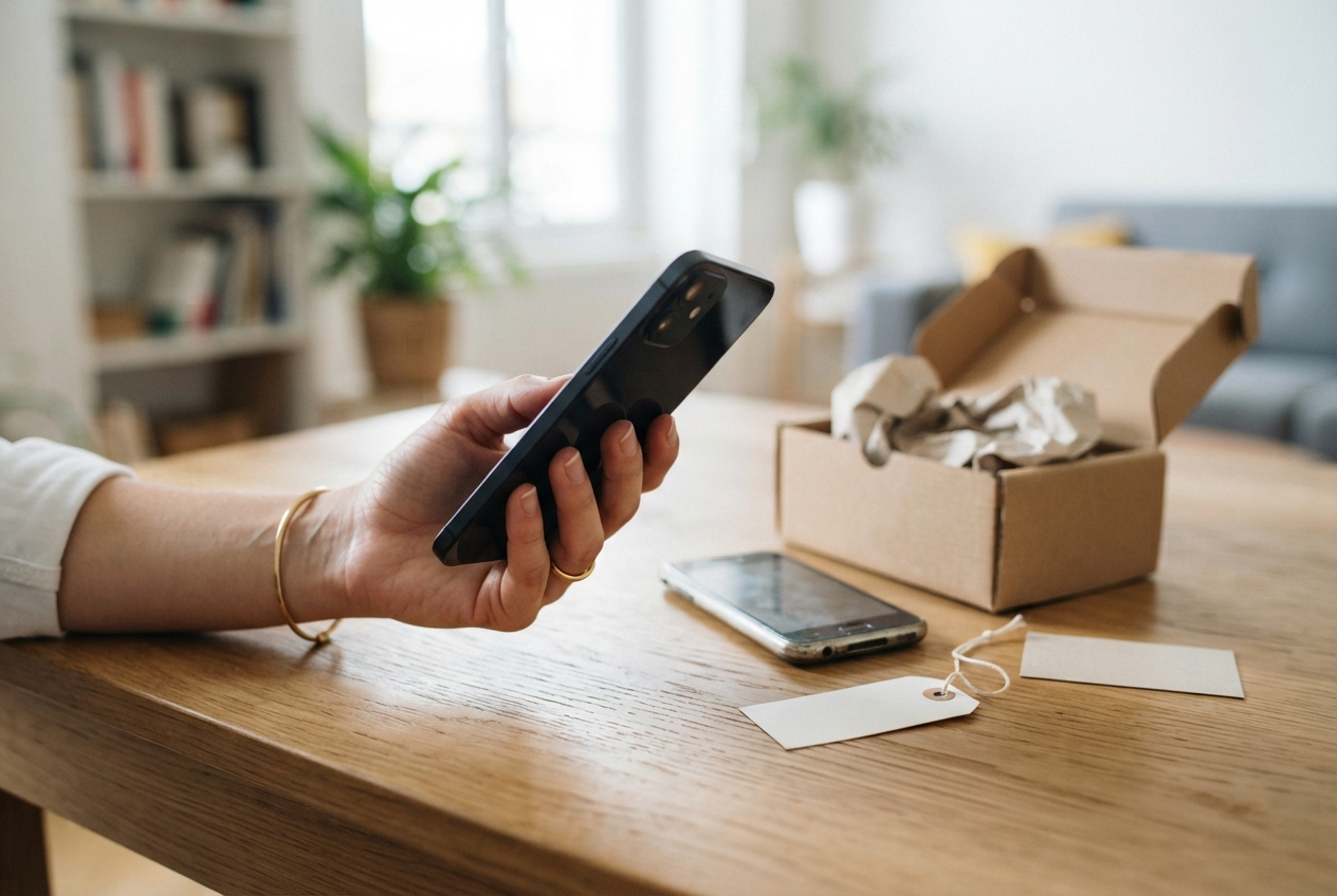 Main tenant un smartphone près d'un second appareil et d'un carton d'expédition sur une table.