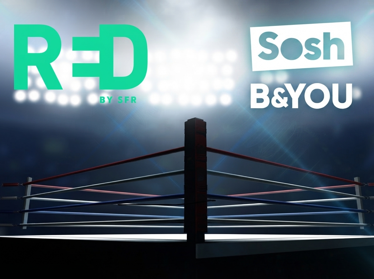 Ring de boxe avec logo de RED by SFR à gauche, et logos de Sosh et B&YOU à droite, car 60Go à 9.99€ chez RED contre seulement 20Go chez les deux autre