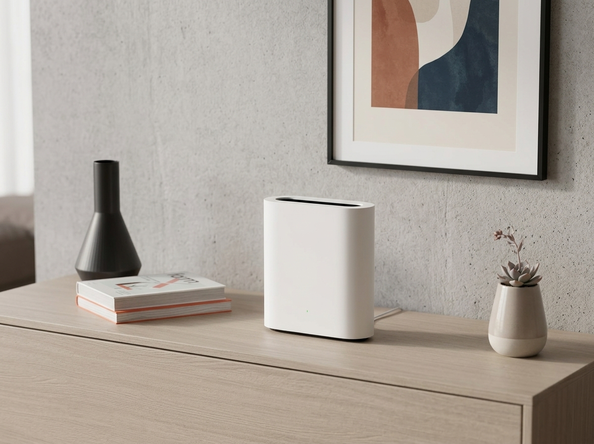 Routeur 5G blanc posé sur un meuble en bois dans un intérieur minimaliste.
