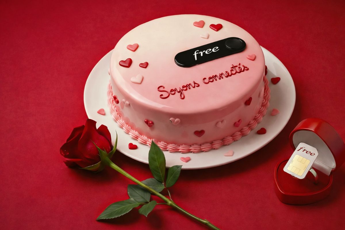 Gâteau rose en forme de Freebox Pop et rose rouge, avec bague SIM pour union avec Free 5G à data illimitée