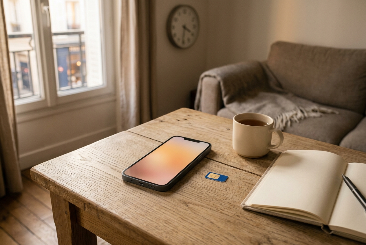 Carte SIM et smartphone sur une table basse en bois dans un salon avec un carnet et un mug.
